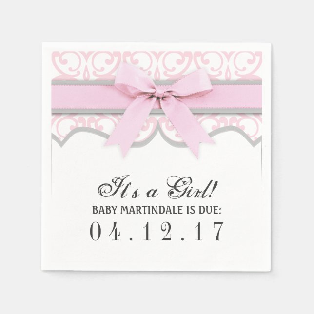 Damask Heart Pink Ribbon Baby Shower Napkin (Front)