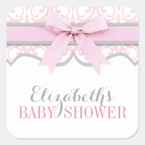 Damask Heart Pink Ribbon Baby Shower Sticker