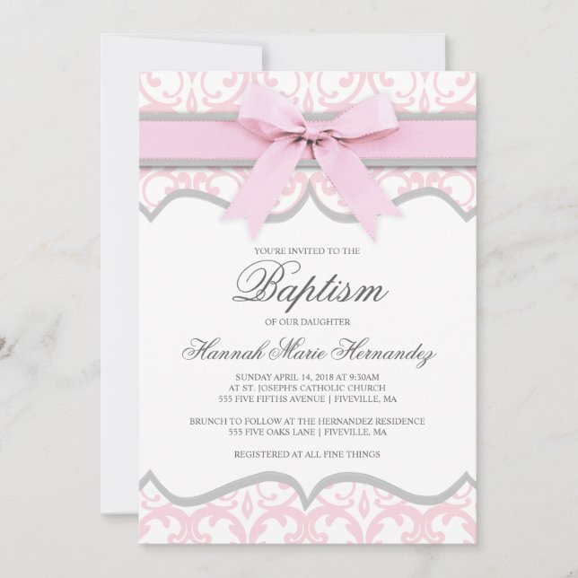Damask Heart Pink Ribbon Baptism Invitation (Front)