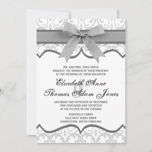 Damask Heart with Gray Ribbon Wedding Invitation (Front)