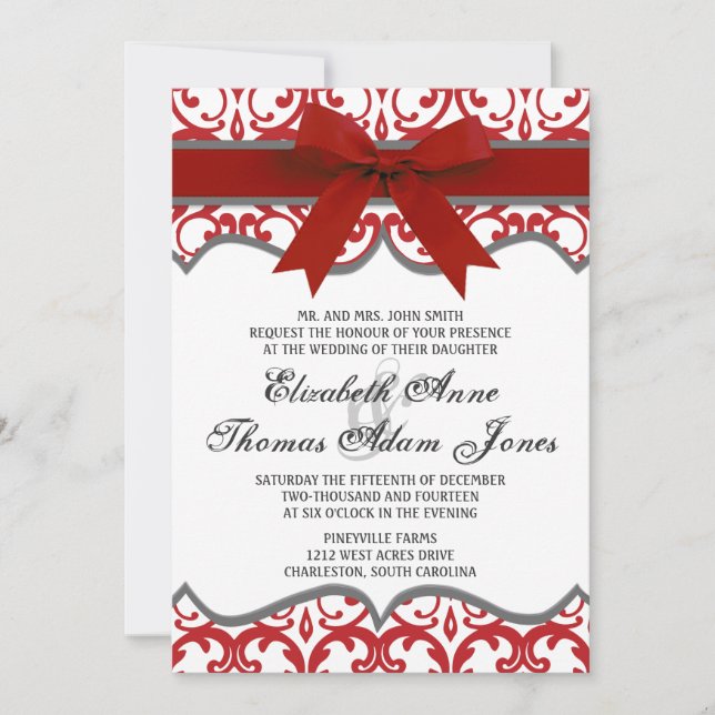 Damask Heart with Red Ribbon Wedding Invitation (Front)