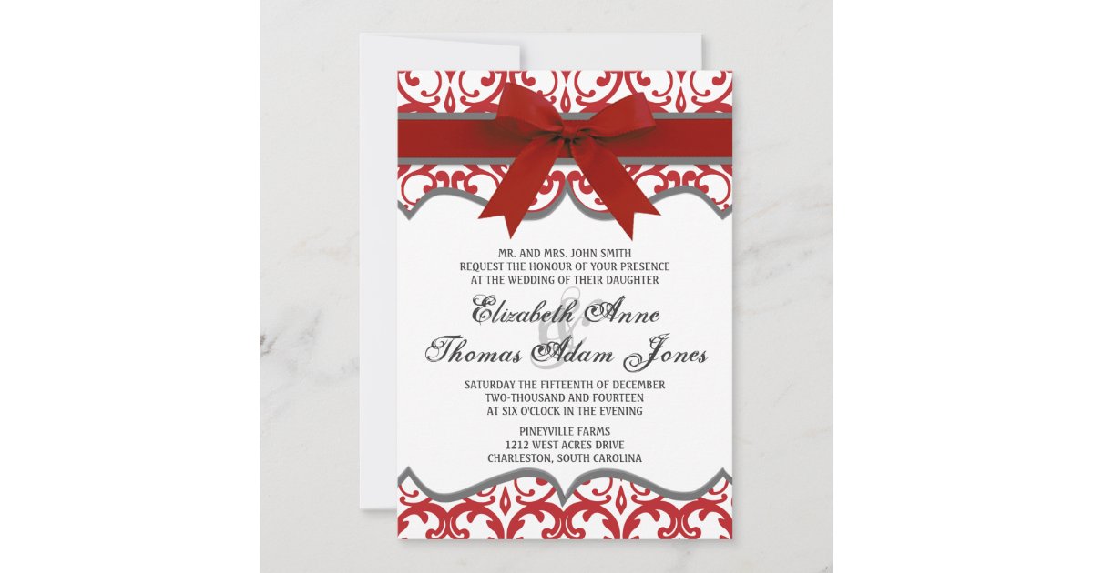 Damask Heart with Red Ribbon Wedding Invitation | Zazzle