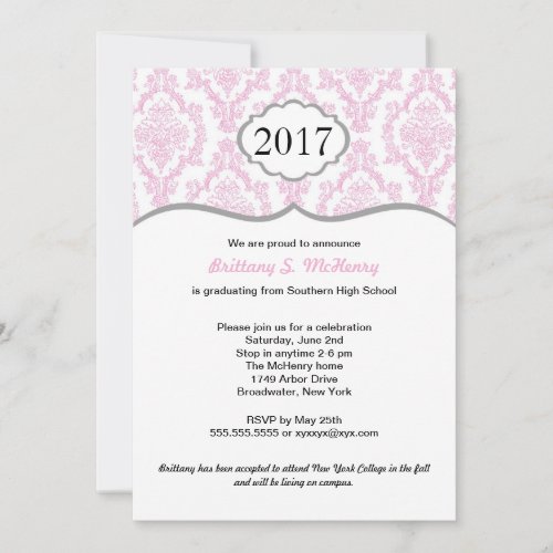 Damask High School Graduation Invite Pink &amp; Gray