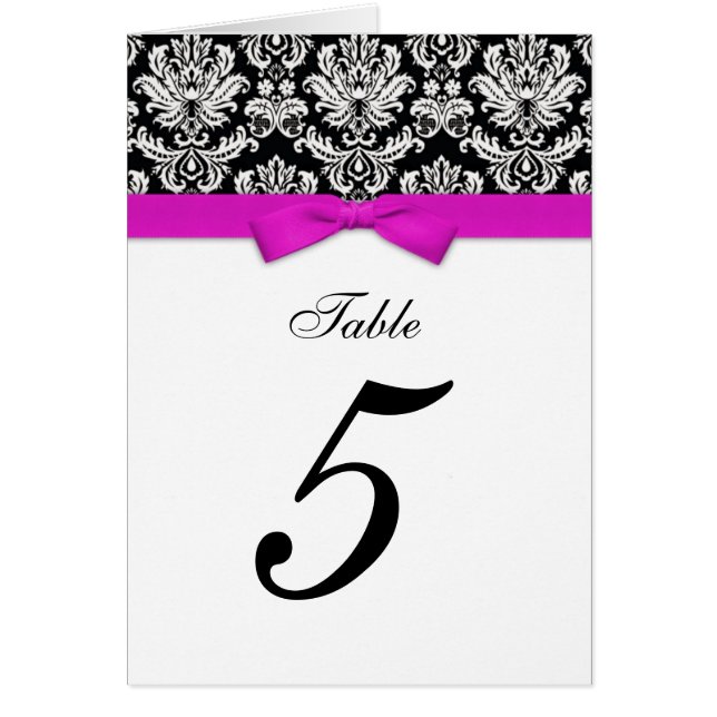 Damask Hot Pink Bow Table Seating Number Cards (Front)