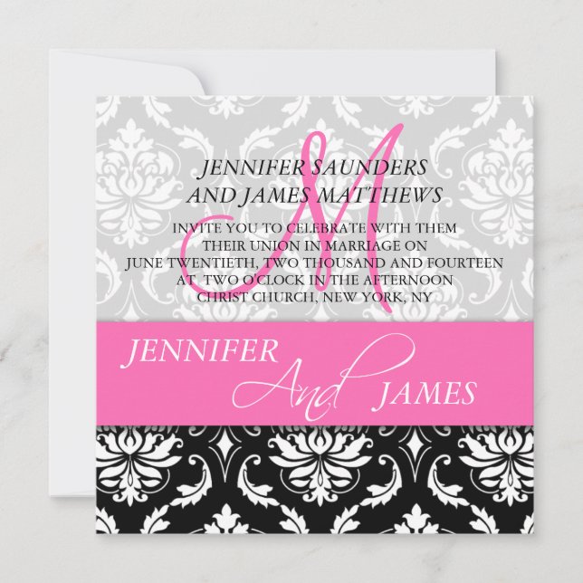 Damask Hot Pink Monogram Name Wedding Invitations (Front)