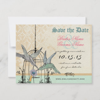 Damask Hummingbird Birdcage Wedding Save the Date Invitation