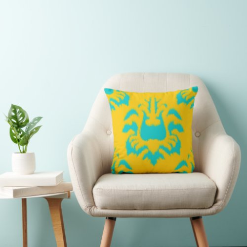 Damask Ikat Mustard Yellow Bright Aqua Pillow