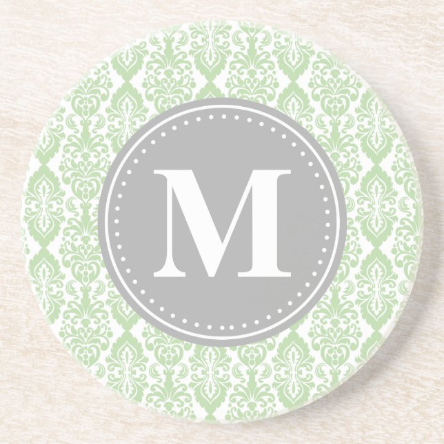 Damask in Mint Green Grey Monogram Sandstone Coaster (Front)