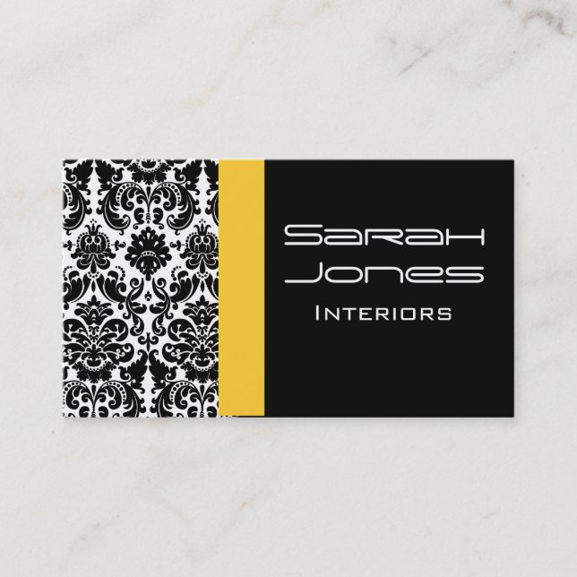 Damask Interior Design Black Yellow Business Card (Front)