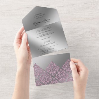 Damask Invite Photo Card Silver Pink by WeddingShop88 at Zazzle