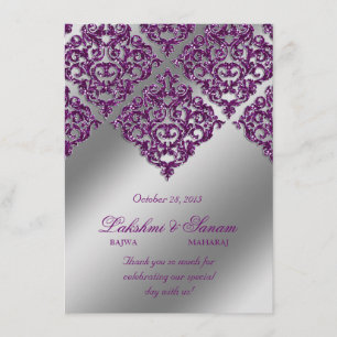 Damask Invite Photo Card Silver Purple Sparkle