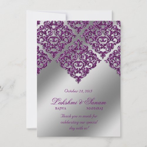 Damask Invite Photo Card Silver Purple Sparkle