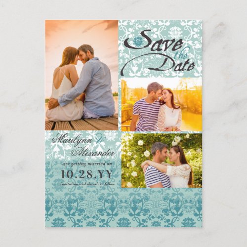 Damask Lace Turquoise Blue Photo Save The Date Announcement Postcard