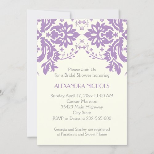 Damask lavender, grey, ivory wedding bridal shower personalized invite