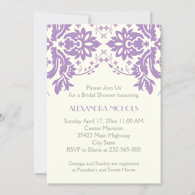 Damask lavender, gray, ivory wedding bridal shower invitation (Front)