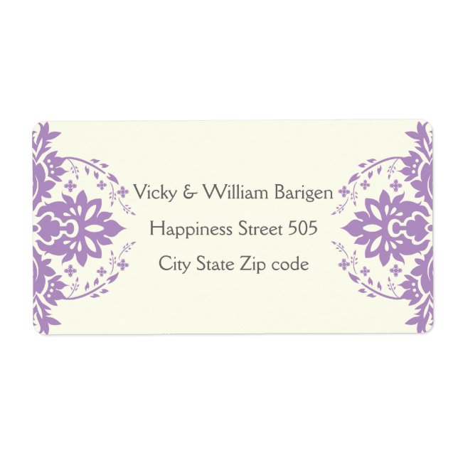 Damask lavender, grey, ivory wedding label (Front)
