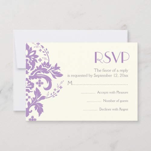 Damask lavender grey ivory wedding RSVP reply card