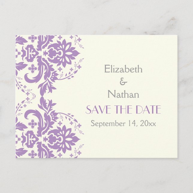 Damask lavender, grey, ivory wedding Save the Date Announcement Postcard (Front)