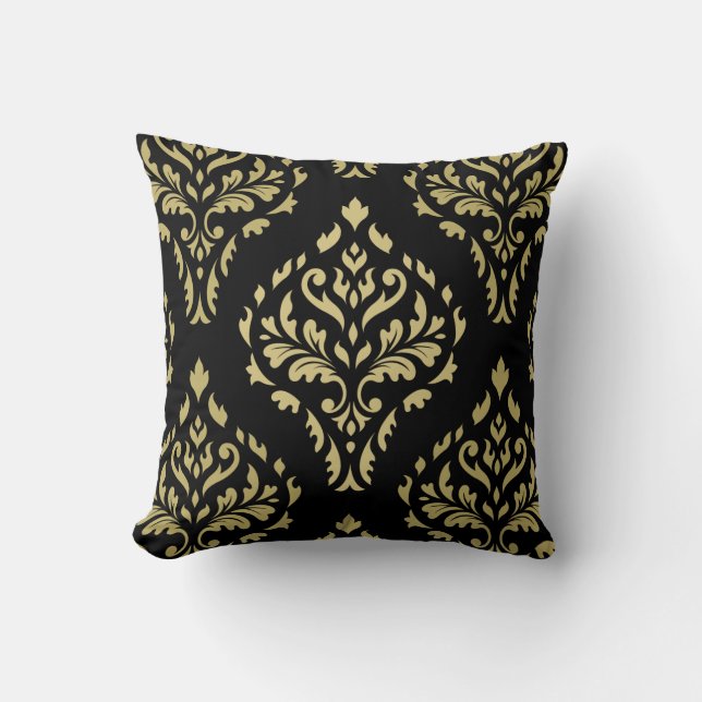 Damask Leafy Baroque Pattern Black & Golds Throw Pillow (Front)