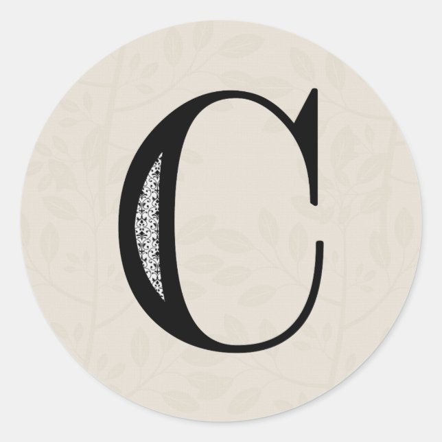 Damask Letter C - Black Classic Round Sticker (Front)