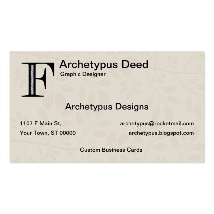 Damask Letter F   Black Business Card Template