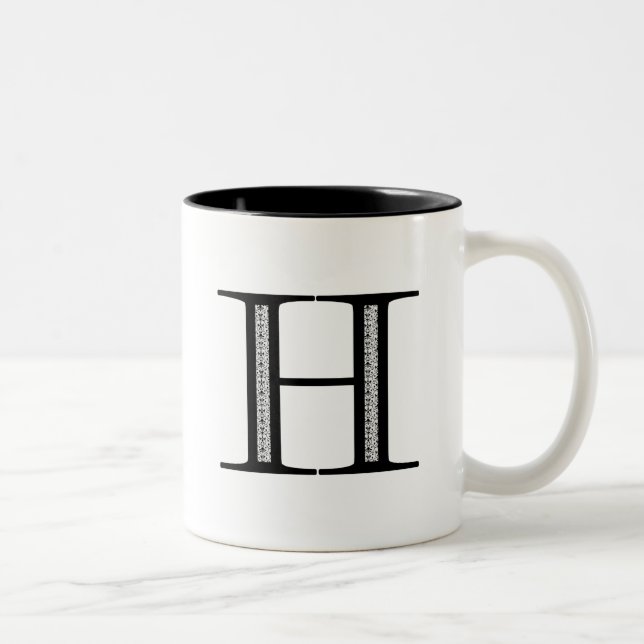 Damask Letter H - Black Two-Tone Coffee Mug (Right)