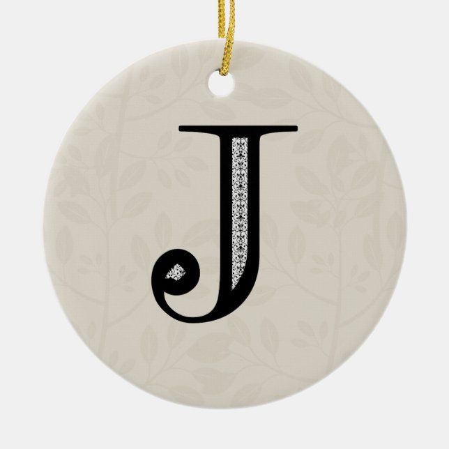 Damask Letter J - Black Ceramic Ornament (Front)