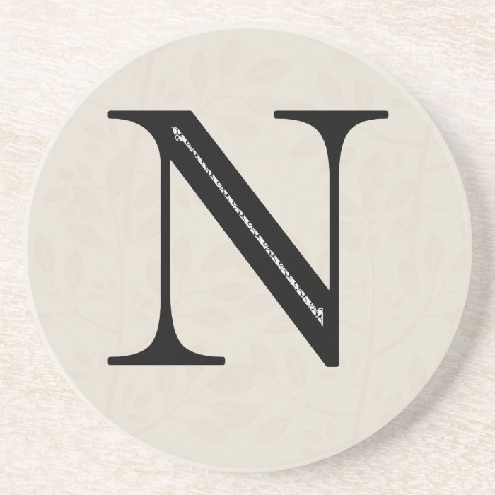 Damask Letter N   Black Beverage Coaster