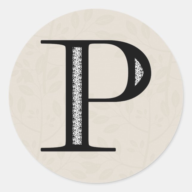 Damask Letter P - Black Classic Round Sticker (Front)