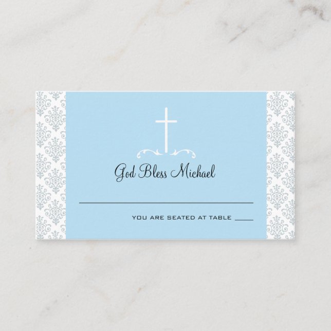Damask Light Blue Cross Seating Card (Front)