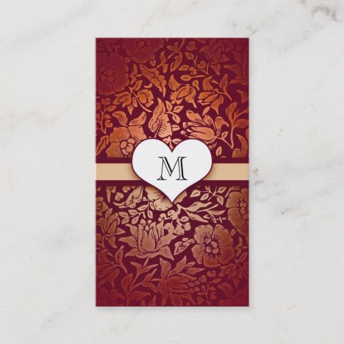 damask love heart monogram red business cards
