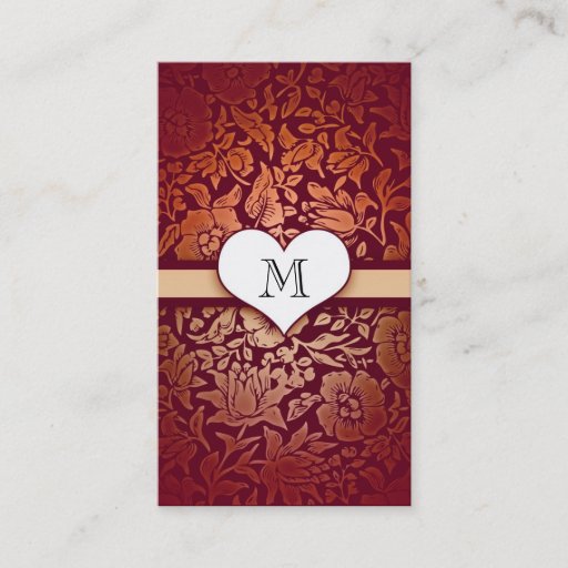 Customizable damask love heart monogram red business cards