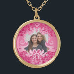 Damask lucky pink add your special photo necklace<br><div class="desc">A unique and elegant subtle "elephant" damask style patterned necklace frame. Contains cut-out to frame your special photo. This case is designed with a little twist, of subtle elephants that is associated with luck, fortune, protection and is a blessing upon all new beginnings. Perfect to display a newborn child or...</div>
