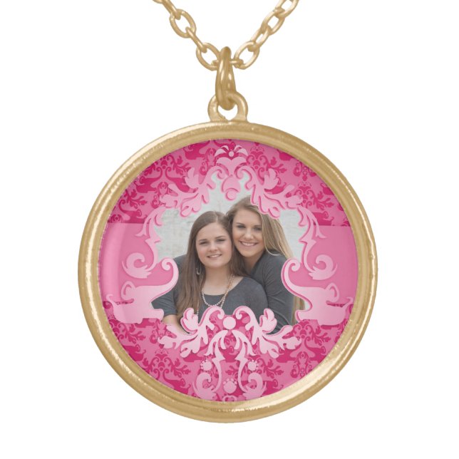 Damask lucky pink add your special photo necklace (Front)