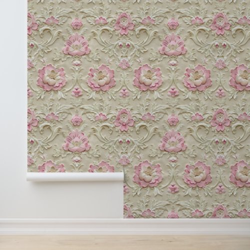 Damask luxury beige texture pink rose blossom wallpaper 