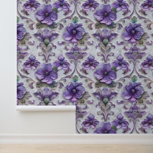 Damask luxury emboss texture purple viola blossom wallpaper 