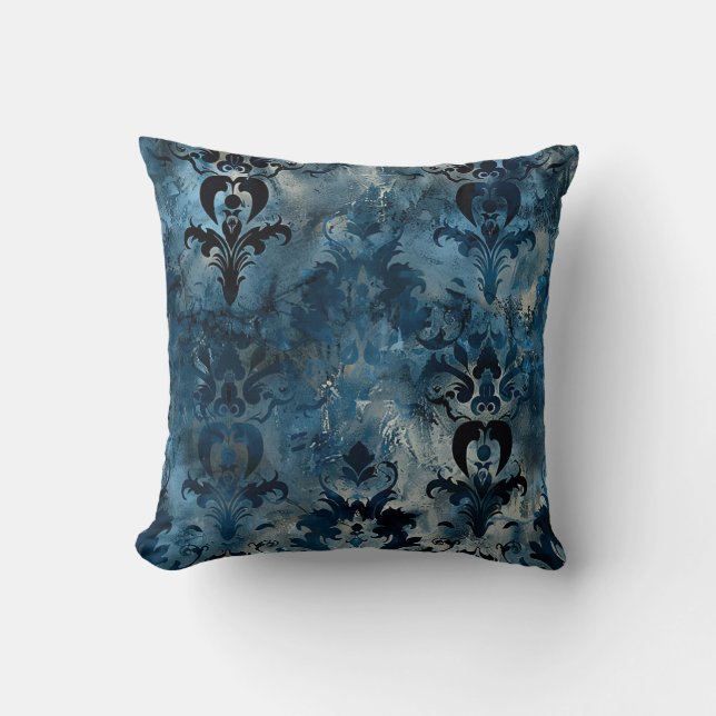 Damask luxury grunge classic texture deep blue throw pillow (Front)