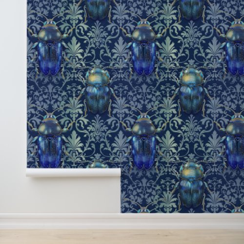 Damask luxury texture of green blue insect bug wallpaper 