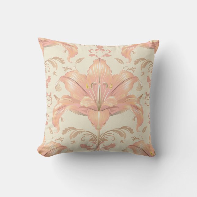 Damask luxury texture of peach lily flower blossom throw pillow (Front)