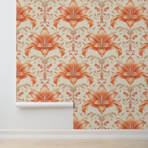 Damask luxury texture of peach lily flower blossom wallpaper 