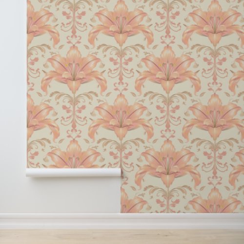 Damask luxury texture of peach lily flower blossom wallpaper 