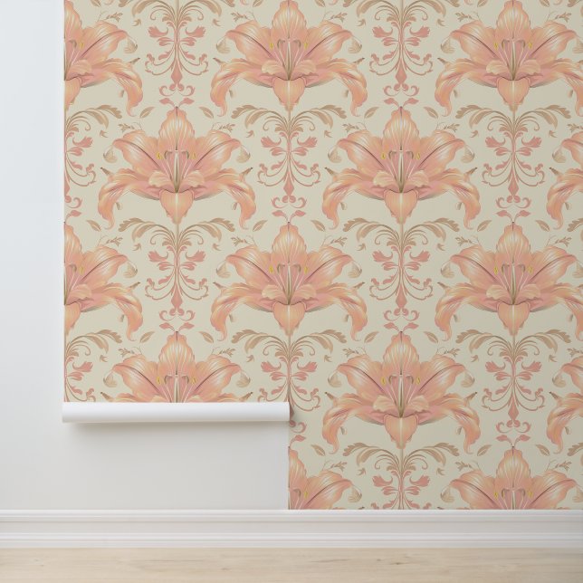 Damask luxury texture of peach lily flower blossom wallpaper  (Application)
