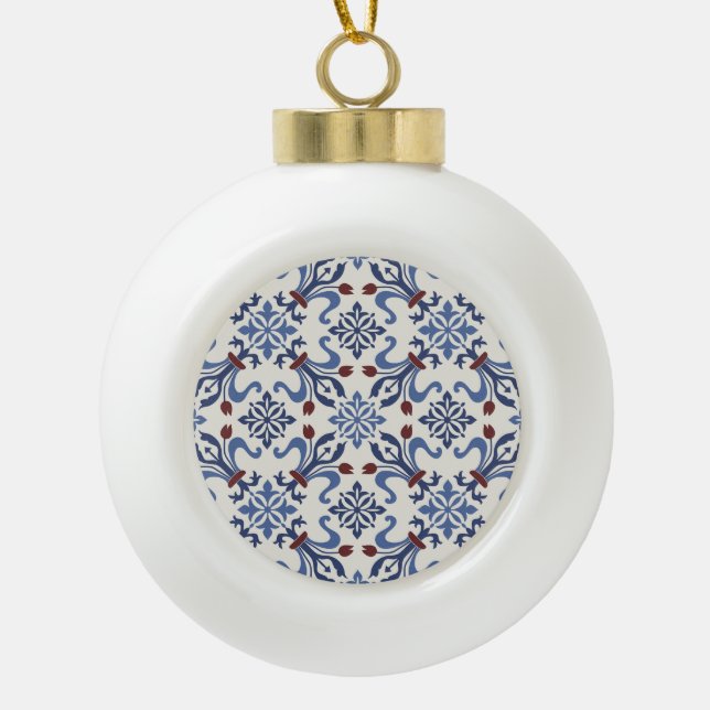 Damask Majolica Pottery Tile Design Ceramic Ball Christmas Ornament (Front)