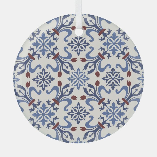 Damask Majolica Pottery Tile Design Glass Ornament (Front)