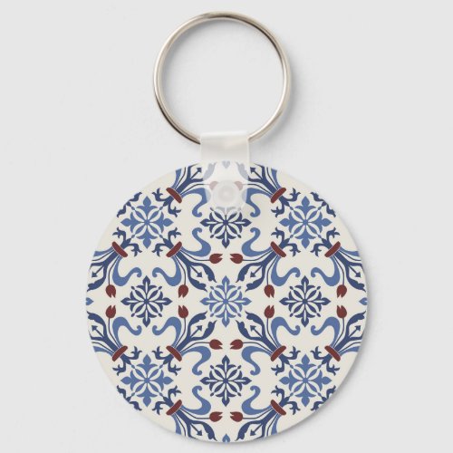 Damask Majolica Pottery Tile Design Keychain