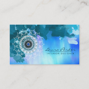 Damask Mandala Sea Abstract Watercolor Blue Business Card