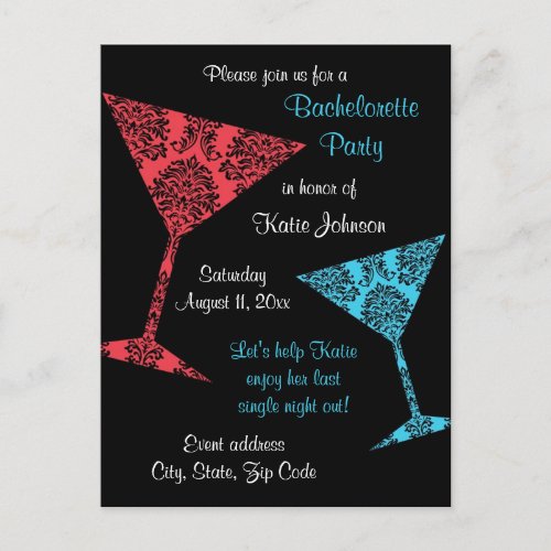 Damask martini glass Bachelorette party Invitation Postcard
