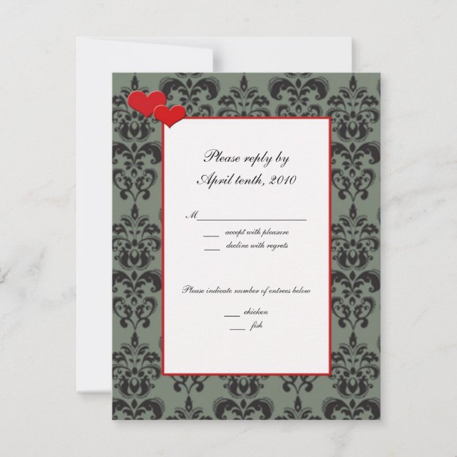 Damask Matching RSVP Cards Red Trim and Hearts (Front)