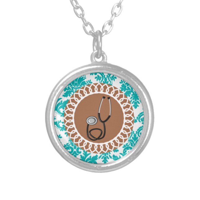 Damask Medical Stethoscope Design Silver Plated Necklace (Front)