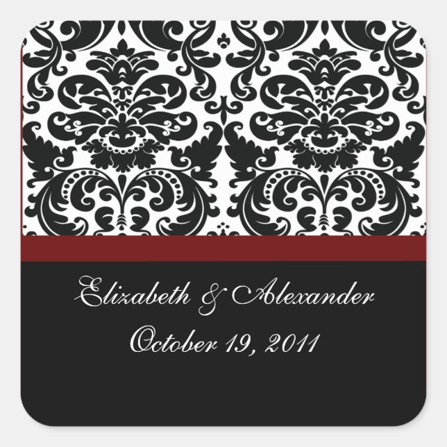 Damask Merlot Red Bridal Shower Square Sticker (Front)
